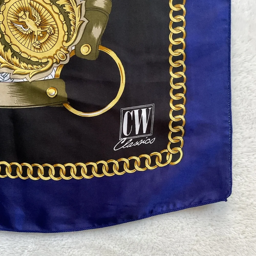 Vintage Equestrian Chain Medallion Scarf 36” Square Navy Gold Silk Feel
